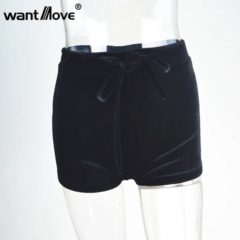 Black in stock Wantmove, новинка, 5 цветов, S-XL, женские бархатные шорты с завязками, повседневные, высокая талия,, Осень-зима, сексуальные, элегантные, обтягивающие шорты, XD742 - Цвет: Black in stock