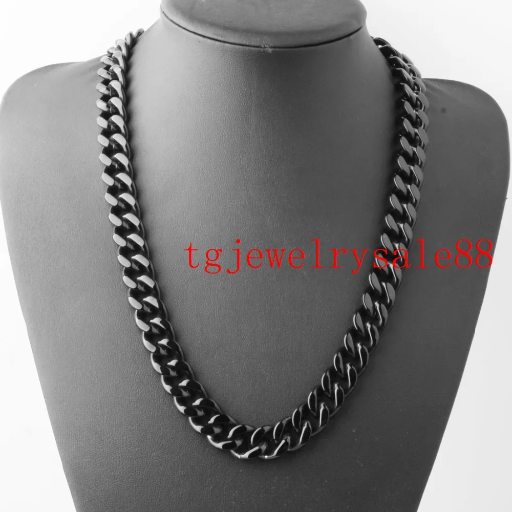 

Perfect 15mm Wide Classic Black Color Cuban Curb Link Chain Biker Men Stainless Steel Fashion Bracelet Or Necklace Jewelry 7-40"