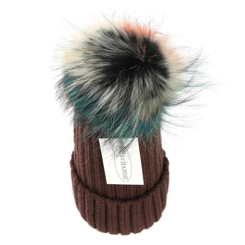 Women Coffee Модная новинка, помпоны из натурального Лисьего меха и норки, 15 см, Skullies Beanies, шапки для женщин и девочек, зимние шапки, детские шапки, шапка - Цвет: Women Coffee