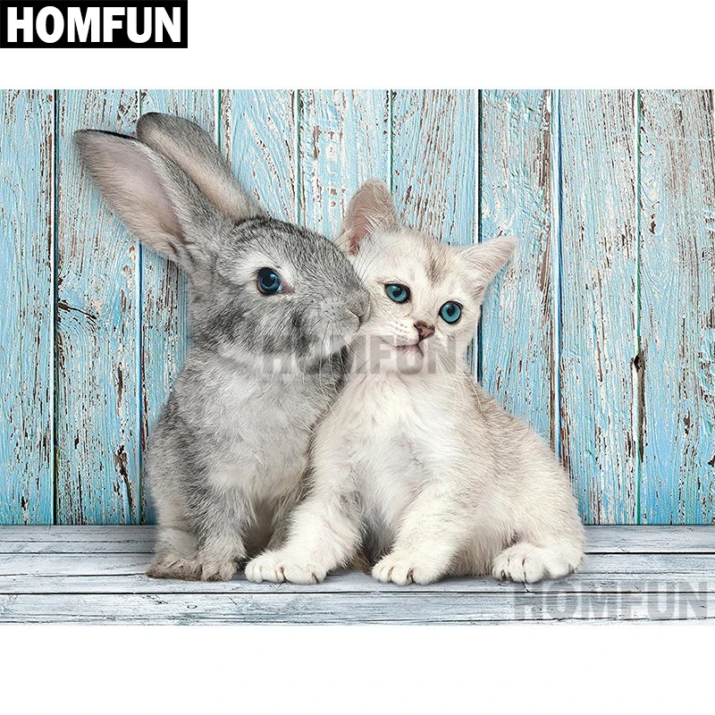 Алмазная 5D вышивка HOMFUN A02024 полноразмерная/круглая картина кот и кролик крестиком домашний декор