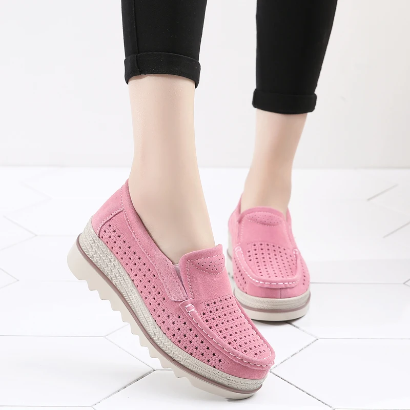Hollow out pink Летняя женская обувь на плоской подошве; кроссовки на платформе; женские лоферы из натуральной замши без застежки; мокасины; повседневная женская обувь с толстой мягкой подошвой - Цвет: Hollow out pink