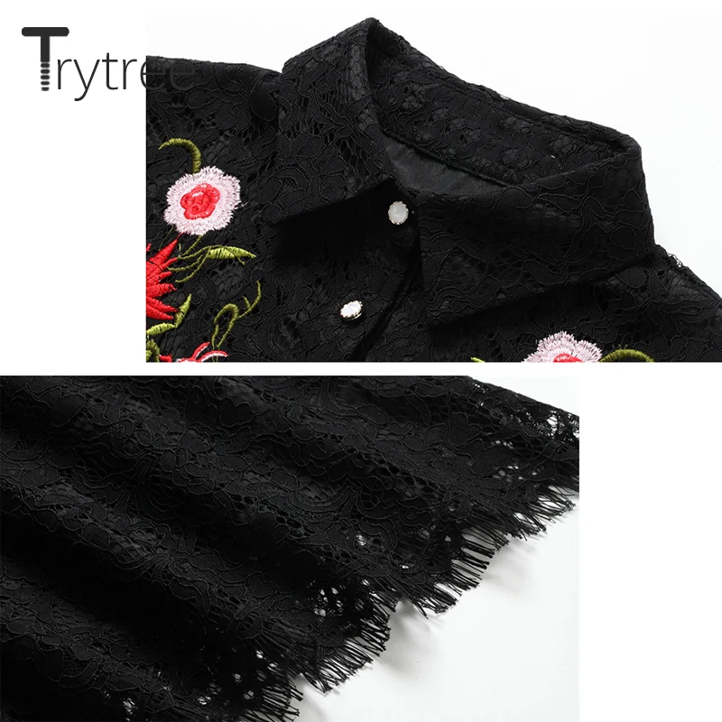 Trytree Лето Осень Повседневная вышивка рубашка платье кружево полиэстер кнопка