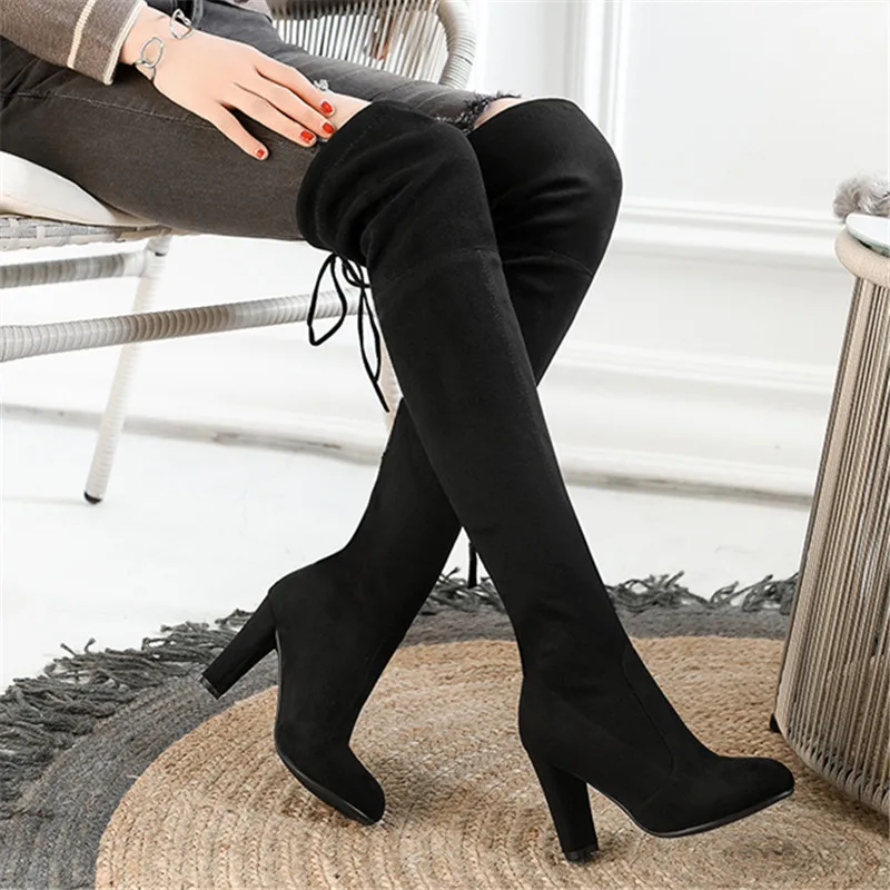 

MORAZORA 2020 Newest Thigh High Boots Women High Heels Lace Up Over the Knee Boots Zip Autumn Winter Faux Suede Boots Lady Shoes