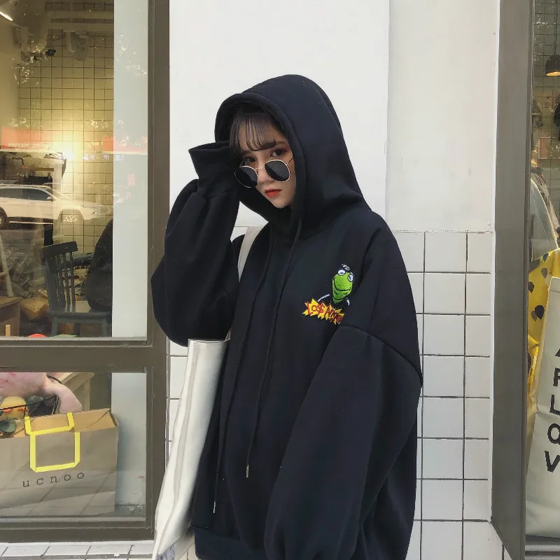 Толстовки с капюшоном для женщин Harajuku Большие размеры плюс бархат вышивка мультфильм пуловер для женщин s корейский стиль свободные шикарные свитшоты на каждый день