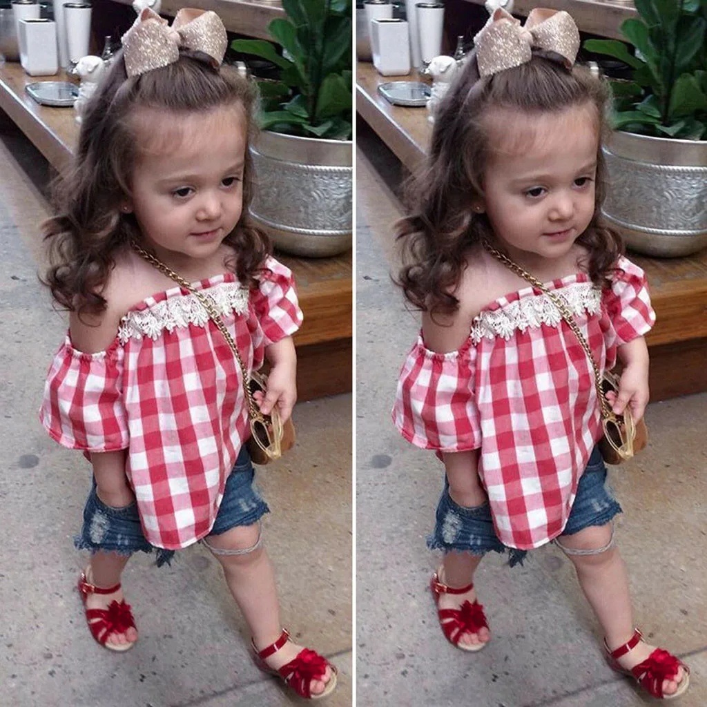 Комплект одежды для маленьких девочек с открытыми плечами клетчатые кружевные