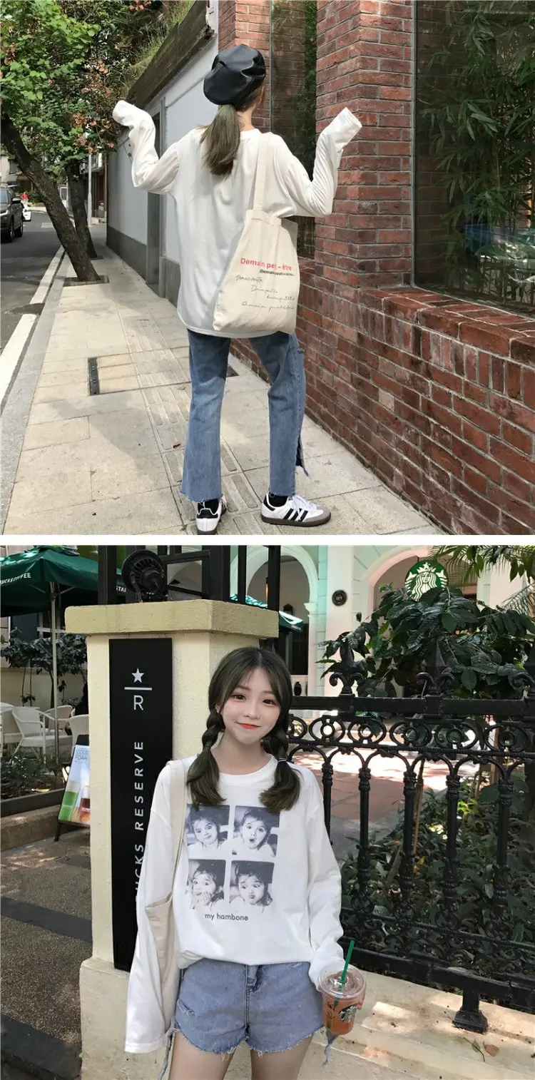 YouGeMan Harajuku модная футболка женская с длинным рукавом Топы Осень корейский Ulzzang уличная белая футболка Женская Повседневная футболка