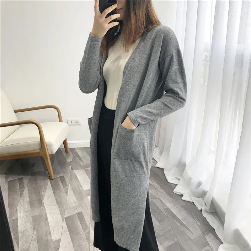 Вязаный длинный кардиган женский 2019 Осень Зима Открытый стежок вязаный свитер