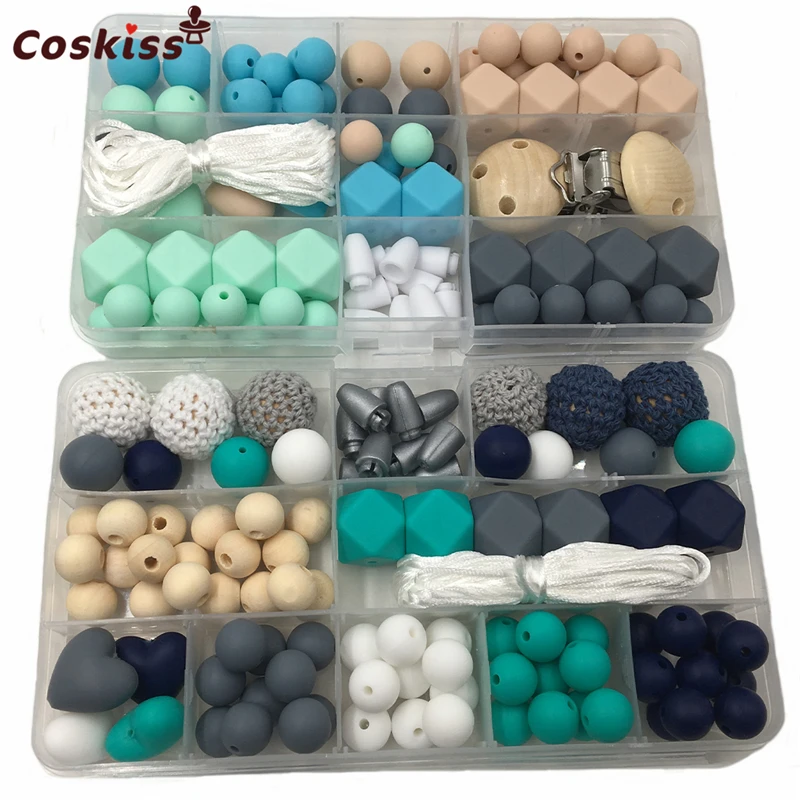 

2 Boxes Baby Teether Toys Silicone Teething Pacifier Clip Kit Geometric Hexagon Silicone Teether Beads DIY Baby Nursing Necklack