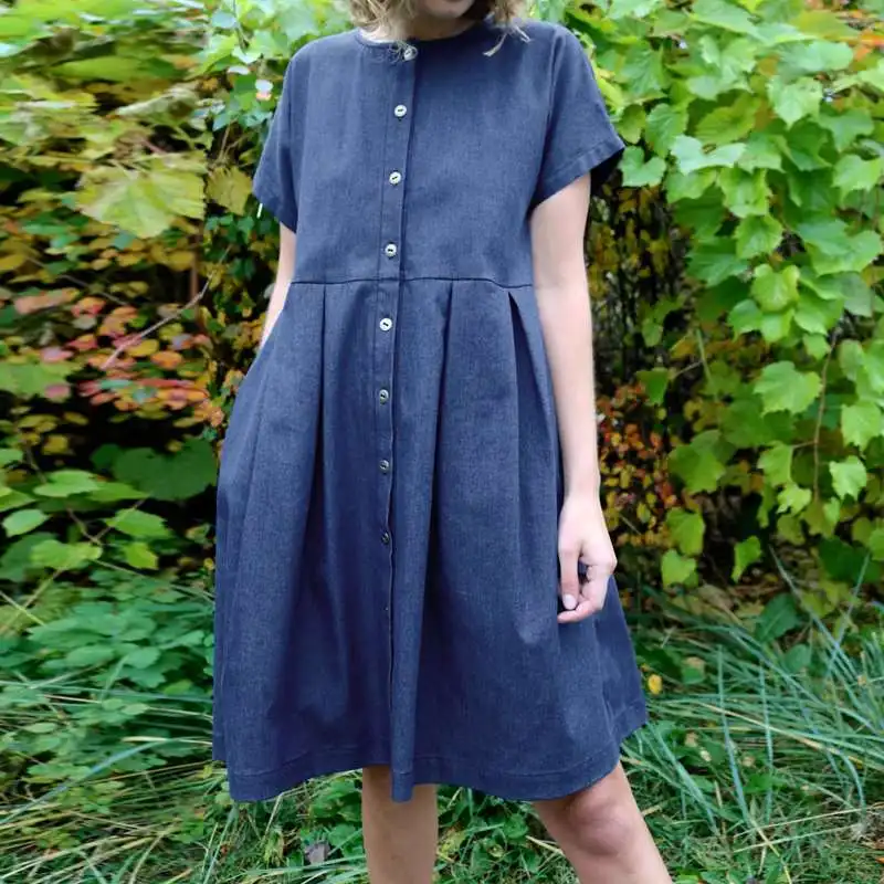Celmia Summer Dress Casual Women Denim Pleated Dress Short Sleeve Button Down Party Vestido Mujer Kaftan Plus Size Sundress