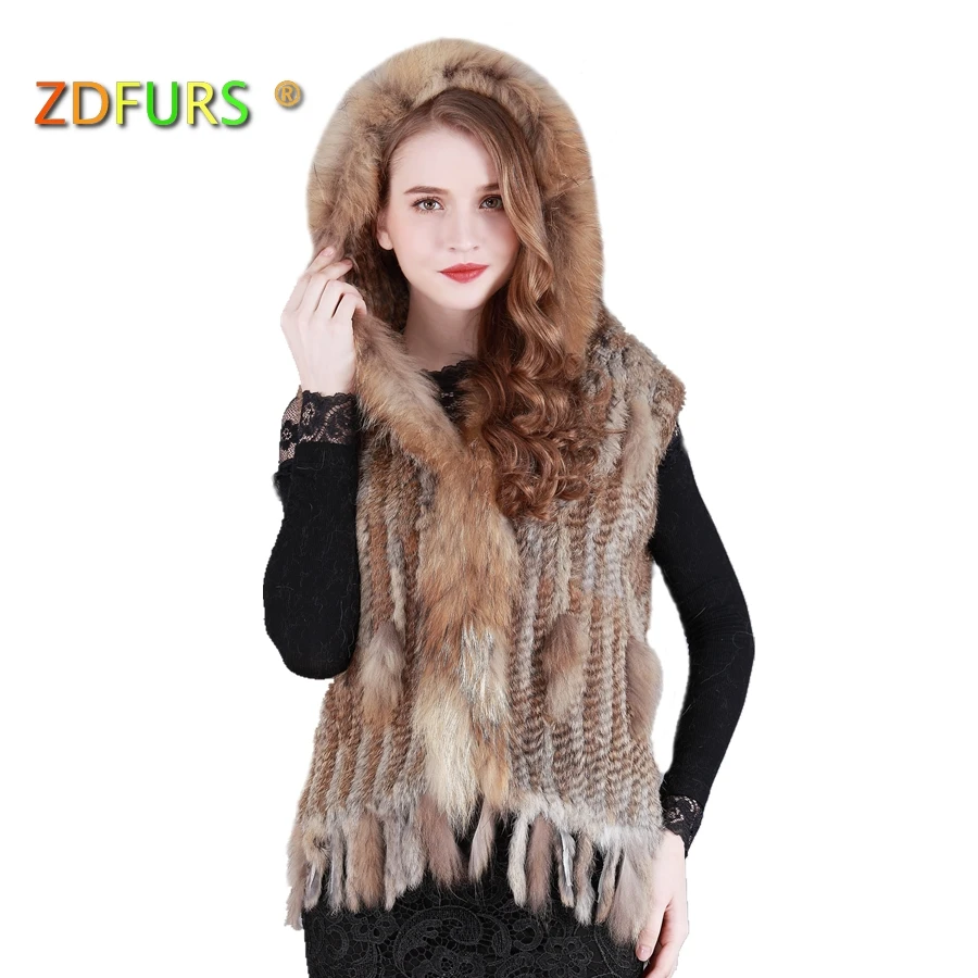 ZDFURS * fashion rabbit fur vest raccoon fur trimming  knitted  rabbit fur vest with hood  fur waistcoat gilet ZDKR-165037