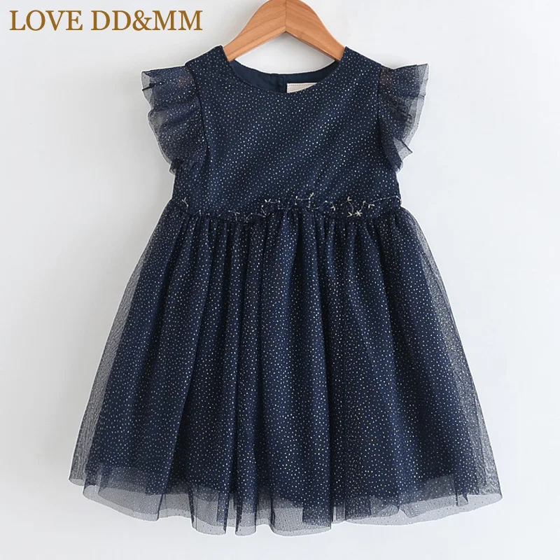 Платья для девочек с надписью «LOVE DD& MM» Новинка года, летняя детская одежда милое Пышное кружевное платье в горошек с круглым вырезом и рукавами-крылышками для девочек - Цвет: Синий