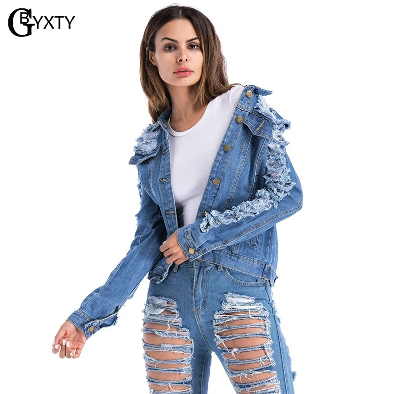 GBYXTY veste en jean femme manche longue Женская винтажная рваная джинсовая куртка с длинным