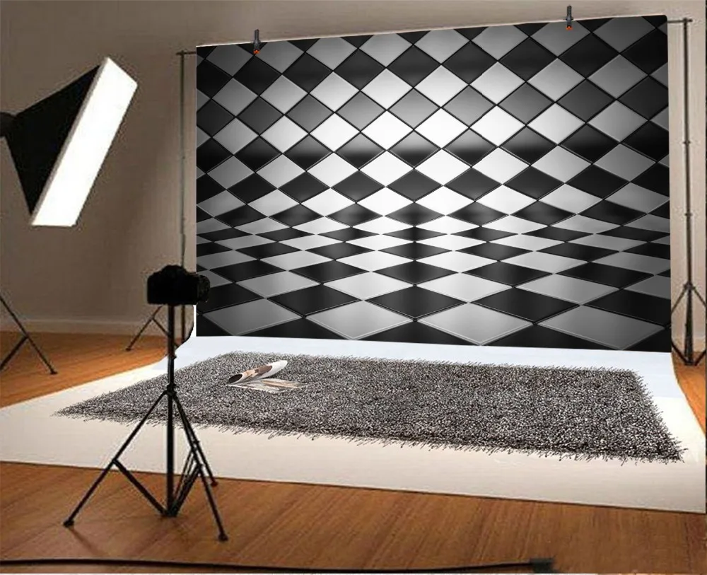 Laeacco фоны для фотосъемки черно белый квадратный узор напольный изгиб Фотофон