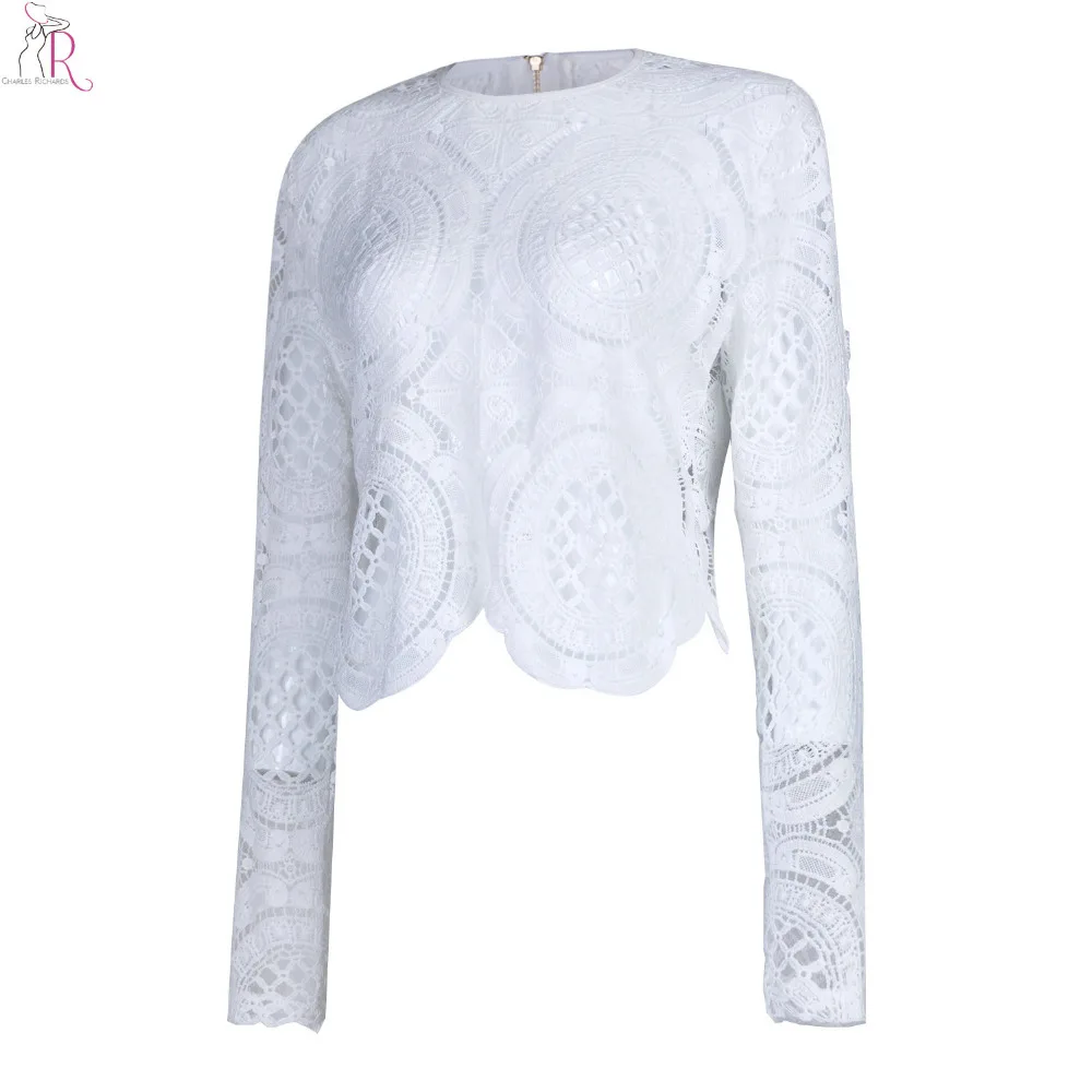 Белая кружевная вязаная блузка с цветочным рисунком укороченный Топ длинным