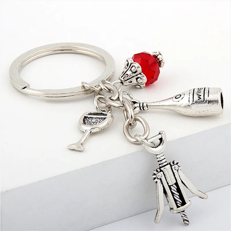 

1pc Red Wine Glass Charm Keychain Cheers Jewelry GIfts For Wine Lover Wine Bottle Opener Charm Red Beads Keyring E1674