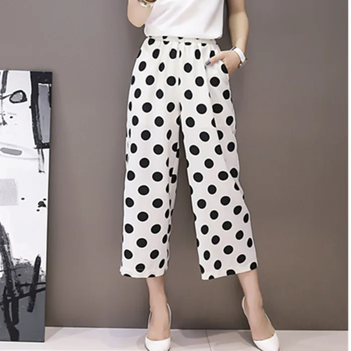 Женские шифоновые широкие брюки в горошек с эластичным поясом | Женская одежда