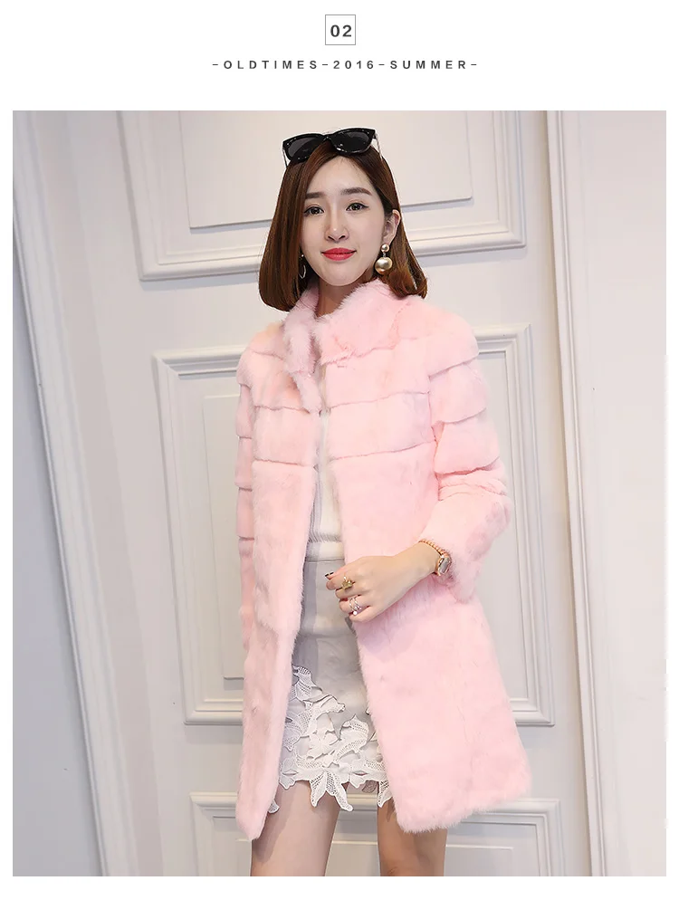 Real genuine natural full pelt whole skin rabbit fur coat women fashion stand collar jacket custom any size - Цвет: pink