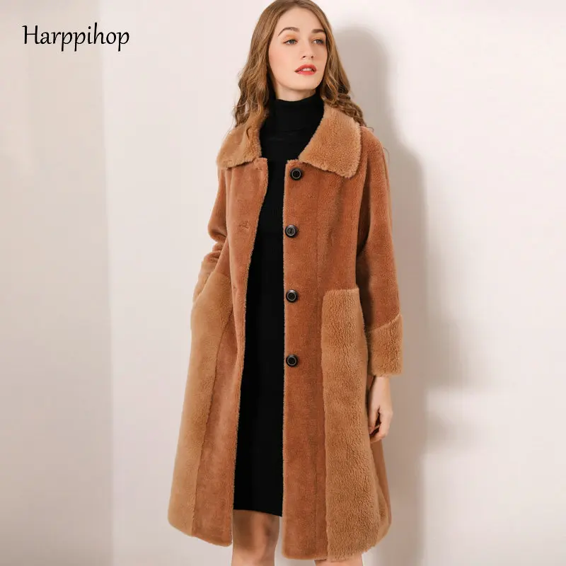 Женское длинное пальто из овечьей шерсти теплое 2019 натурального меха ягненка для