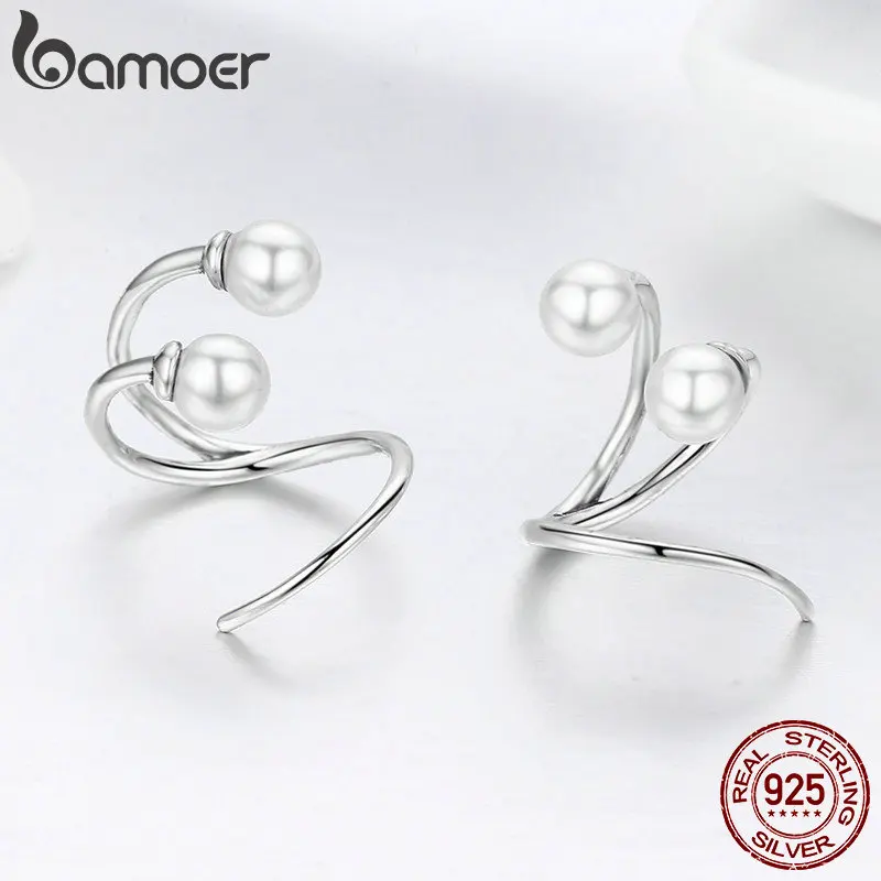BAMOER 925 пробы серебряные серьги Элегантные серьги-гвоздики с искусственным жемчугом для женщин серебряные ювелирные изделия SCE306