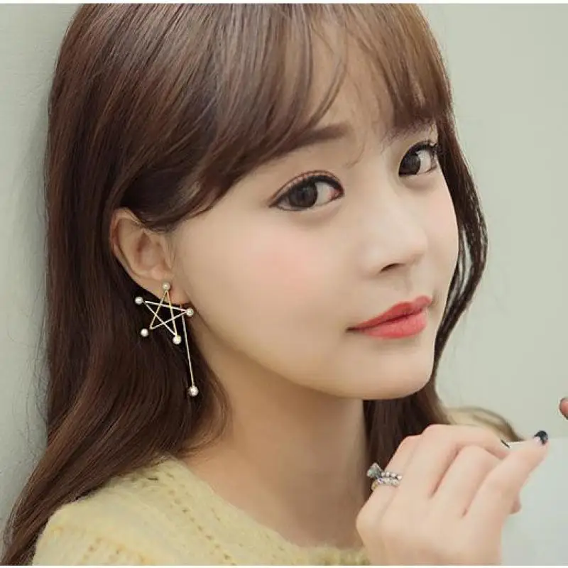 Асимметричные Длинные серьги с имитацией жемчуга и пятиконечными звездами