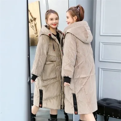 Dark khaki s90 Зимнее женское Новое самосовершенствование вельветовое с капюшоном на шнурке пуховое хлопковое Стеганое пальто средней длины свободное толстое Золотое бархатное пальто - Цвет: Dark khaki s90