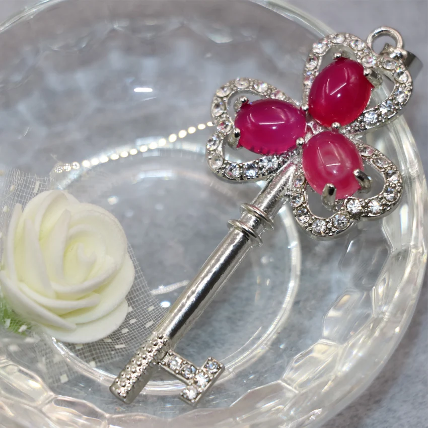 Серебряный цвет Подвески Цветок Ключ форма кулон для женщин 33*70 мм красные