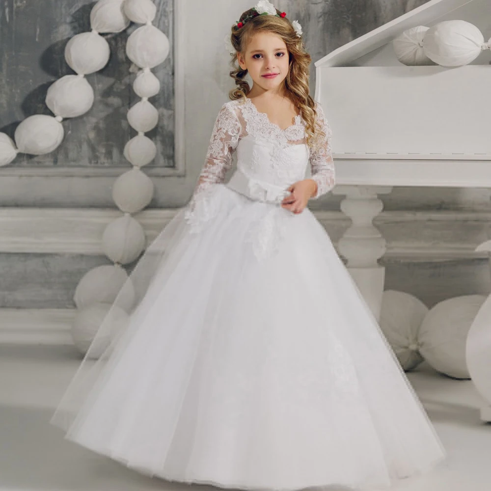 

2021 New Arrival Flower Girl Dresses Sleeves v-neck Ball Gown Lace Formal Back Bow First Communion Pageant Gown Custom Made