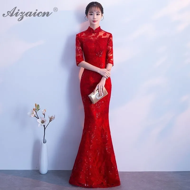 Современный красный Русалка длинное Cheongsam сексуальное Qi Pao женское традиционное китайское свадебное платье Qipao восточные невесты элегантные вечерние платья