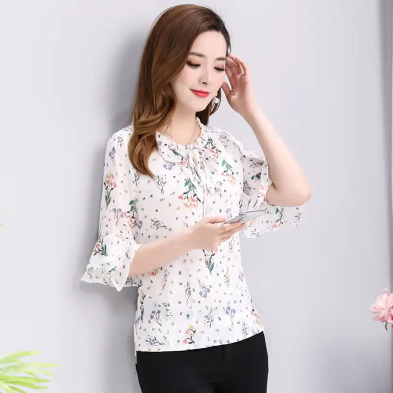 

Women Spring Summer Style Chiffon Blouses Shirts Lady Casual Half Sleeve Bow Tie Decor Blusas Tops DF2651