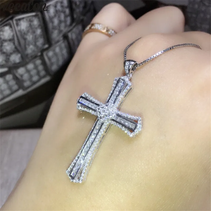 

Vecalon 2019 Vintage Cross pendant 925 Sterling silver AAAAA Cz Stone cross Pendant necklace for Women Men Party Wedding Jewelry
