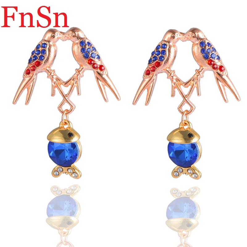 Fnsn 2017 новые модные серьги капли с птицами и рыбами для женщин золотыми
