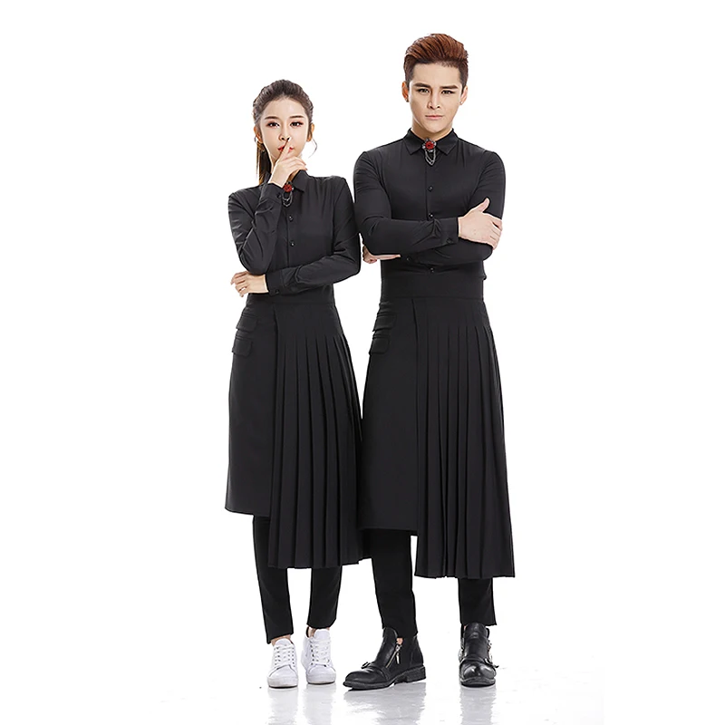 

Young Hairdresser Working Shirt & Pleated Apron Set Fashion Long Sleeves Hairdressing Work Suit Uniform Styling Tool Black U1006