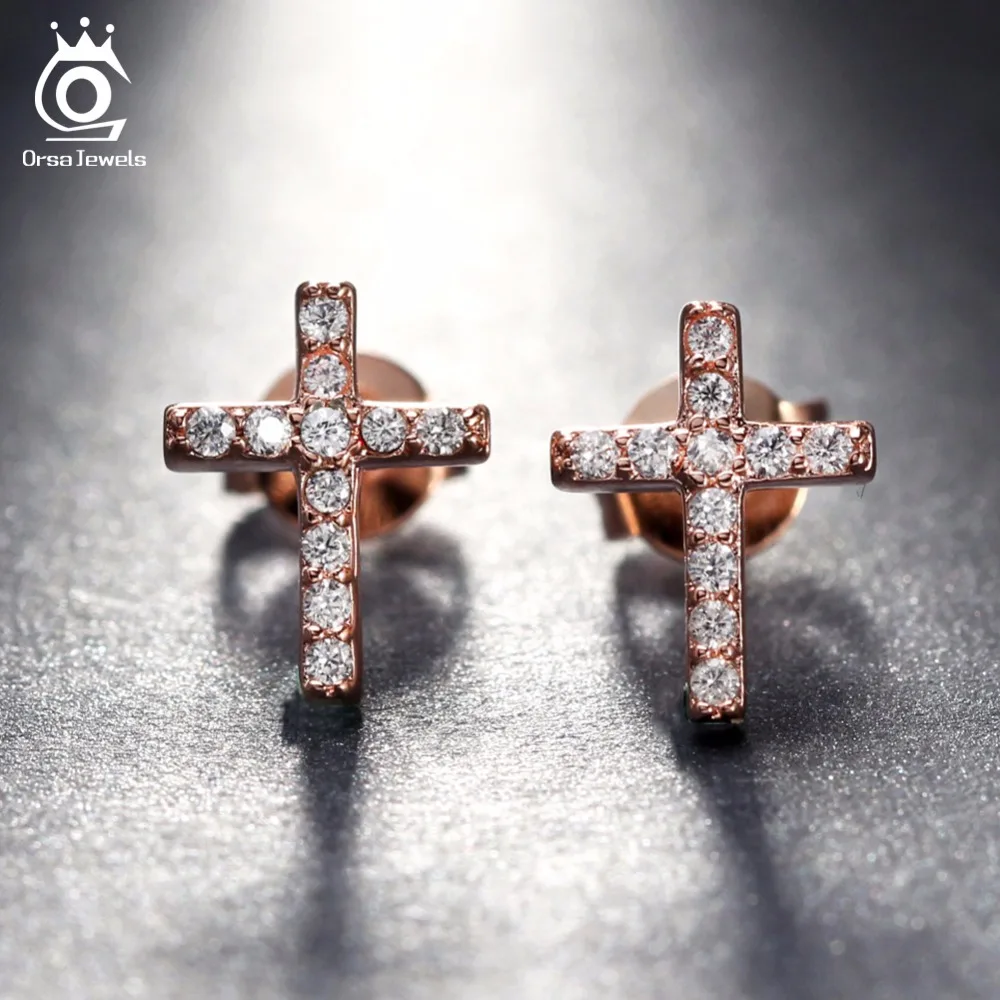 ORSA JEWELS, модные маленькие серьги-гвоздики с крестиком, австрийский кубический цирконий для свадьбы, Модные женские ювелирные изделия OE132