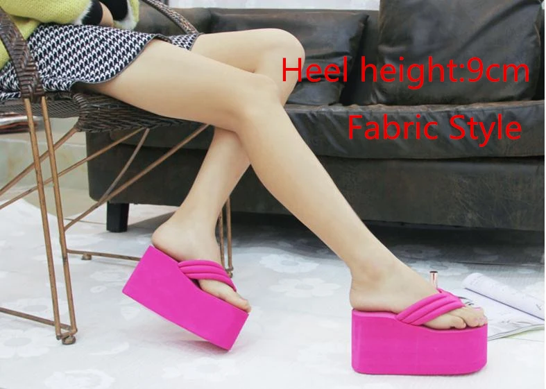 rose red fabric 9cm Женские пляжные вьетнамки; Летняя обувь на платформе; женские босоножки на танкетке без застежки; шикарный стиль; модные женские шлепанцы на высоком каблуке; SH041101 - Цвет: rose red fabric 9cm