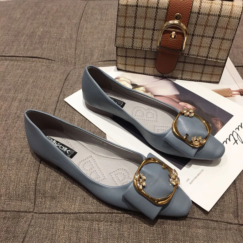 Wellwalk Metal Buckle Women Summer Flat Shoes Pointed Toe Ballerinas Ladies Ballet Flats Slip On Shallow Dress Shoes Leisure