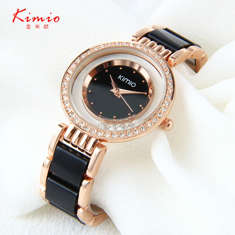 Kimio ultra slim Топ Брендовые женские часы Женская Кристалл Черный керамика золото