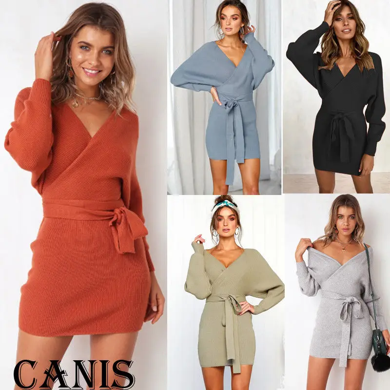 Сексуальное женское трикотажное платье с длинным рукавом облегающее v-образным