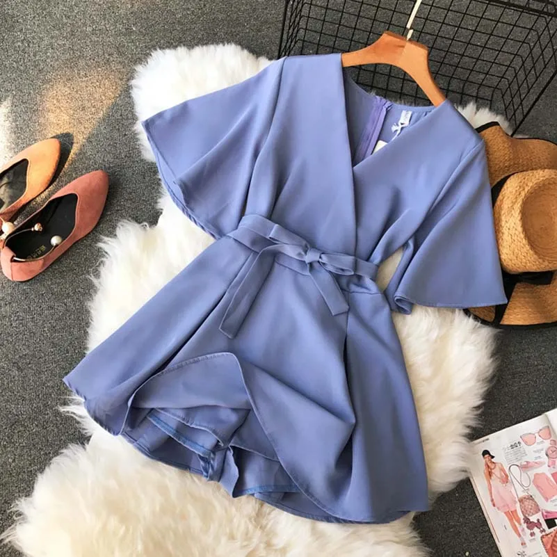 Женские однотонные комбинезоны с v-образным вырезом и расклешенными рукавами, женские винтажные весенне-летние широкие шорты, комбинезоны, Летние Новые Комбинезоны
