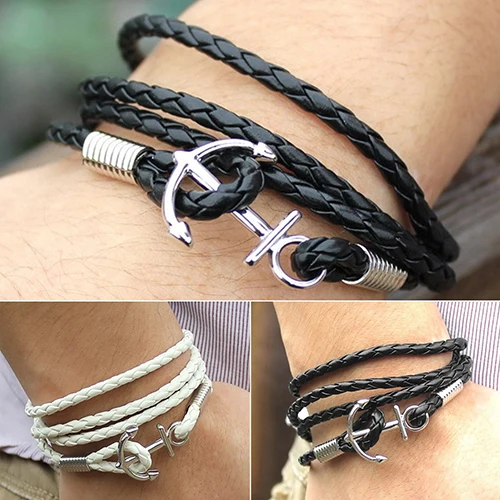 Hot Men's Anchor Faux Leather Multilayer Braided Bangle Charm Infinity Bracelet 6Y3U 7EPU BDZR | Украшения и аксессуары