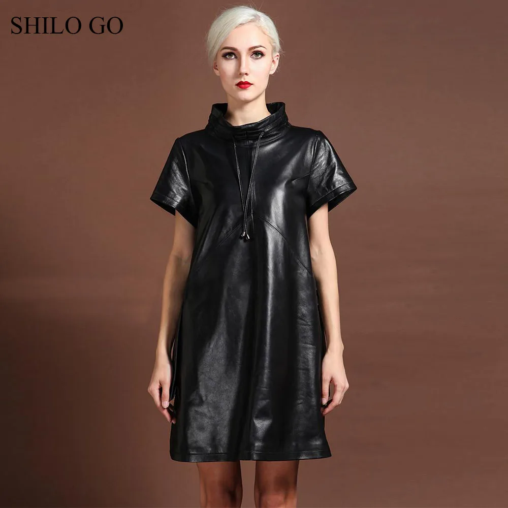 SHILO GO Leather Dress Womens Spring Fashion sheepskin genuine leather tie turtleneck collar short sleeve A Line dress | Женская одежда