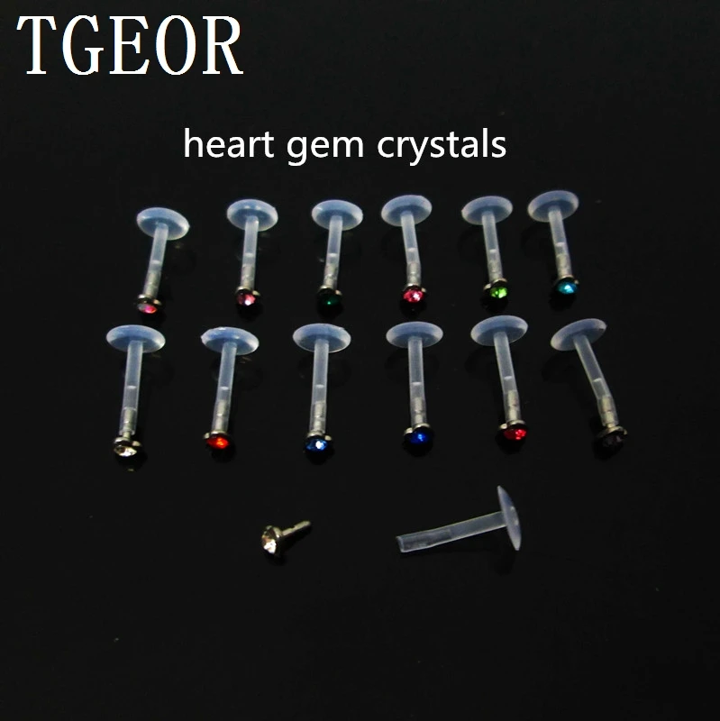

wholesale 16G flexible Transparent labret monroe piercing 100pcs PTFE heart gem crystal piercing labret ring free shipping