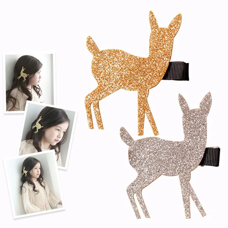 Lovely Reindeer Hairpins Glitter Felt ponies Gold Silver Hair clip barrettes Princess Headwear Fashion accessories for girl | Детская