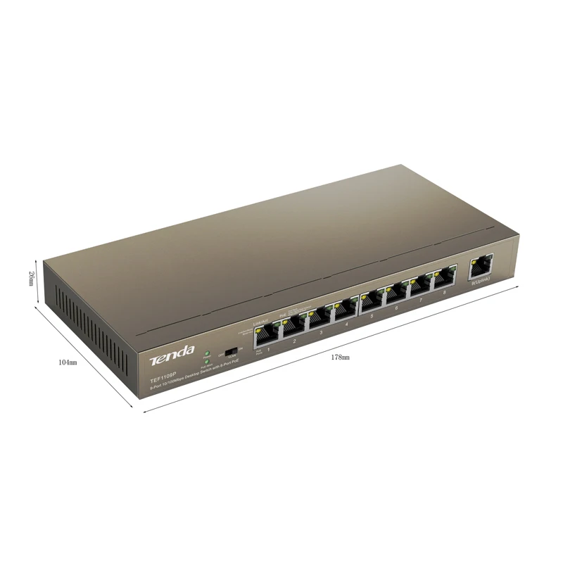 Tenda TEF1109P 8 63W сетевой коммутатор Ethernet 9 портовый 250 м долгосрочный стабильный
