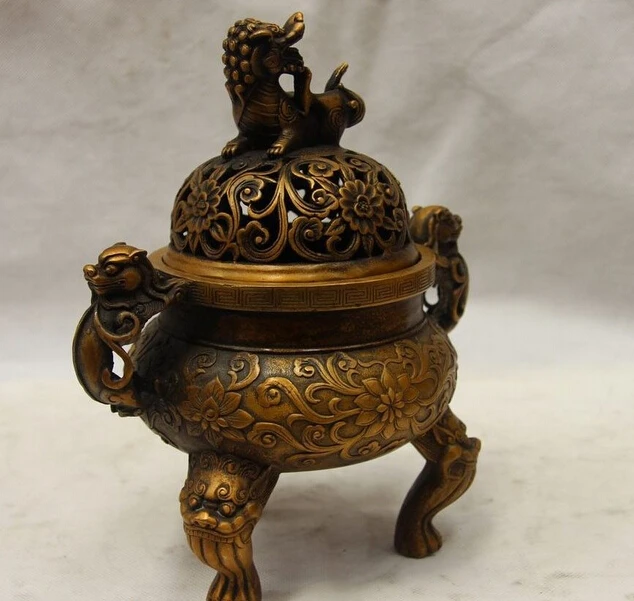 China Buddhism Bronze Copper Home Decoration Foo Dog Lion Incense Burner Censer |