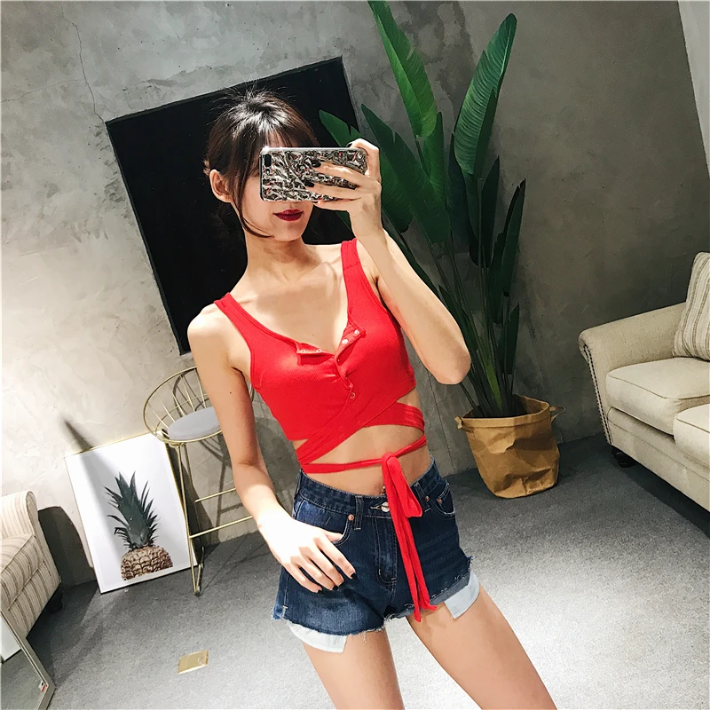 Женский укороченный топ на пуговицах спереди с завязками|crop tank|ribbed tankbutton tank |