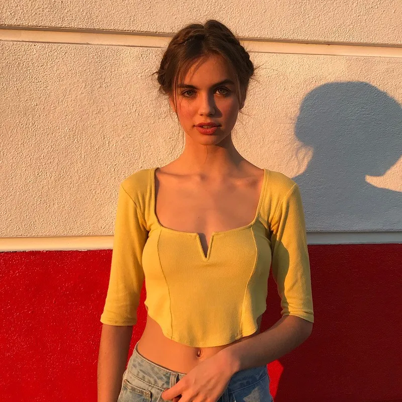 2019 Summer New Women Half Sleeve Casual Crop Top Sexy Fashion Square Neck Solid T-Shirt Collar Female Short Tee | Женские футболки и