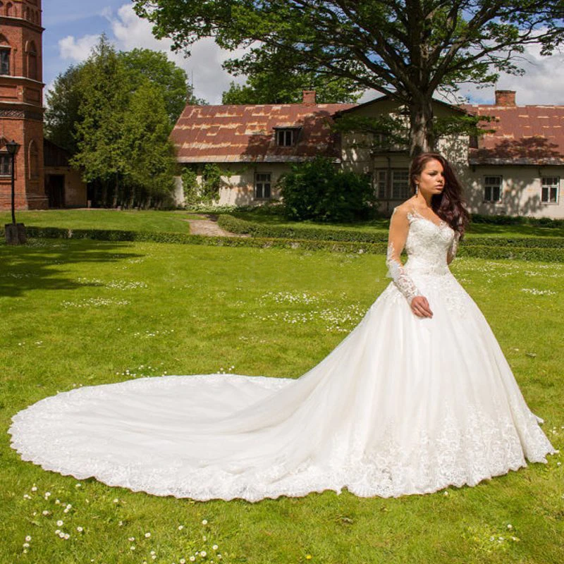 

Женское свадебное платье с кружевной аппликацией, бальное платье с длинным рукавом и открытой спиной, свадебные платья со шлейфом в стиле ч...