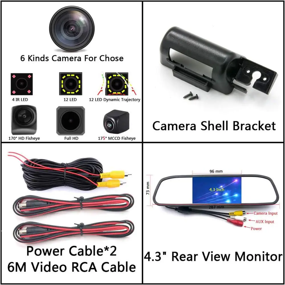 Camera 4.3 Mirror 175 градусов MCCD рыбий глаз Starlight 12LED треки Full HD Автомобильный Обратный монитор камера заднего вида для Ford Transit MK6 MK7 2000-2013 - Название цвета: Camera 4.3 Mirror
