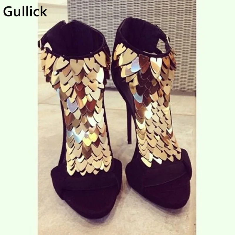 Модные золотые блестящие Украшенные блестками летние сандалии с Свадебная