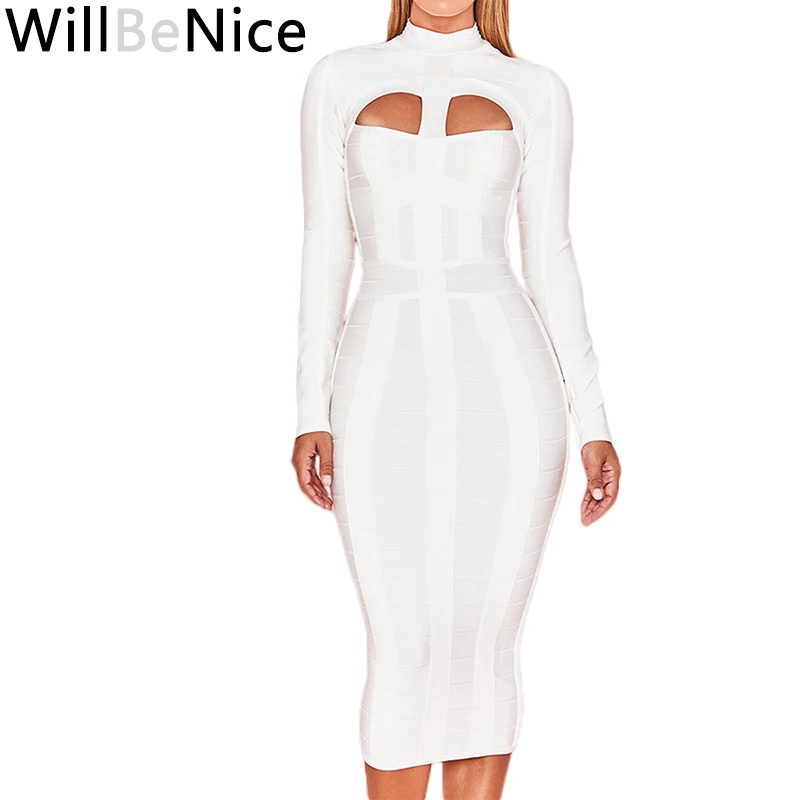 WillBeNice 2019 женское облегающее Бандажное платье белое Клубное с длинным рукавом и